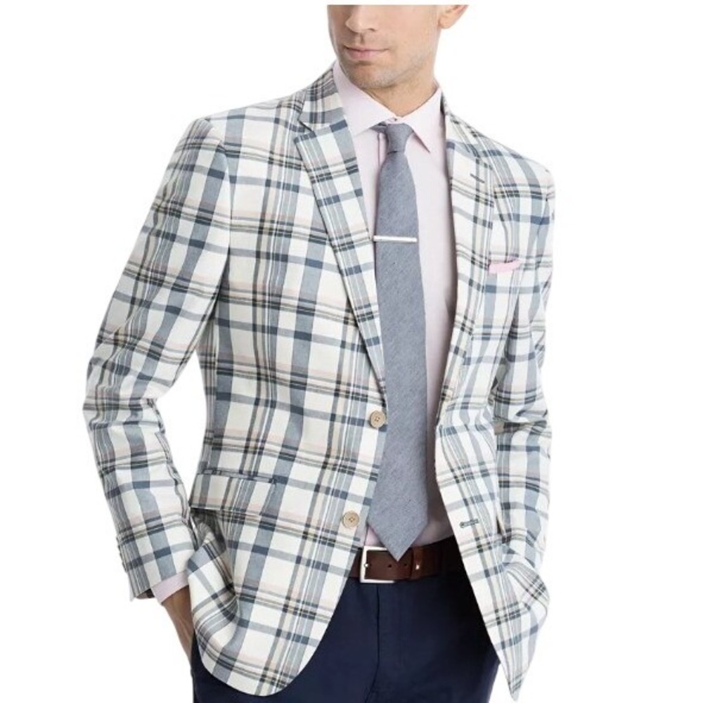 46L Tommy Hilfiger Men's Plaid Blazer Jacket Cream Blue Pink Size Classic Luxury